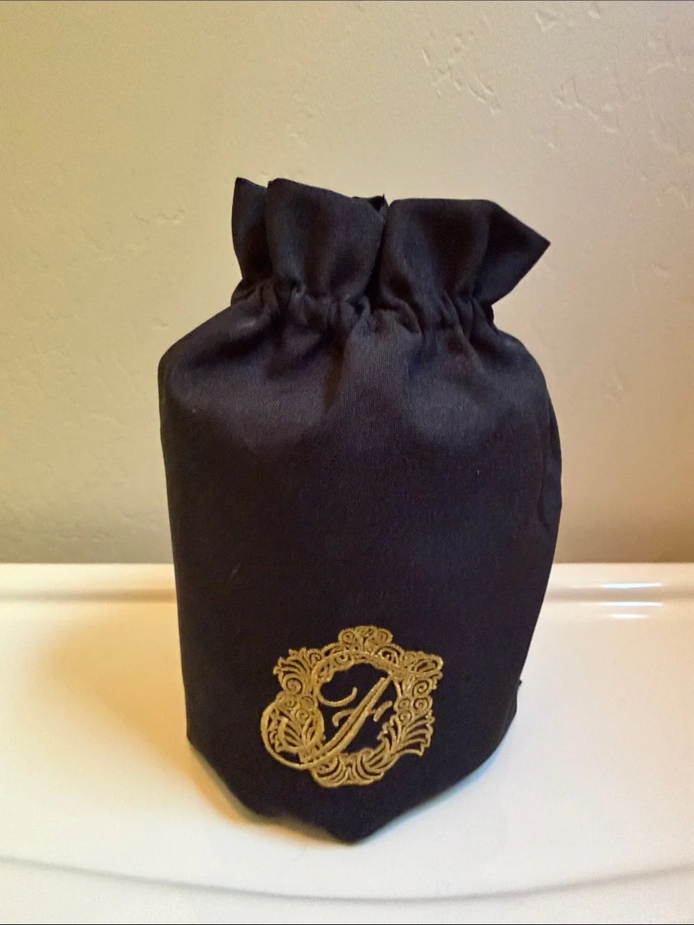 Toilet paper cover Black Drawstring Pouch with Gold “F” Monogram